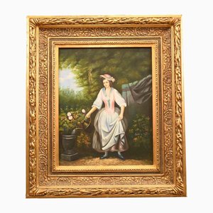 Victorian Style Artist, Gardening Lady Portrait, Oil on Canvas, Framed