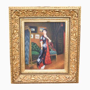 Dama victoriana en tocador, pintura al óleo, enmarcado
