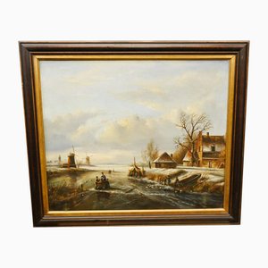 Artista holandés, escena rústica de río, años 80, óleo sobre lienzo, enmarcado