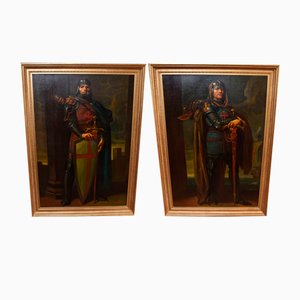 Caballeros cruzados, pinturas al óleo, enmarcado. Juego de 2