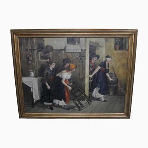 Spanish Artist, Blindfold Scene, 1980s, Large Oil on Canvas, Framed