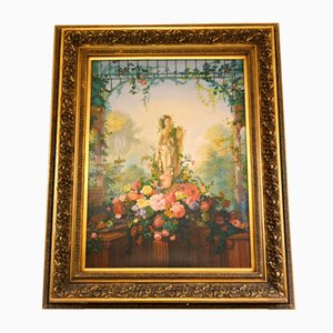 English Artist, Statue in Flower Arrangement, 19th Century, Oil Painting, Framed