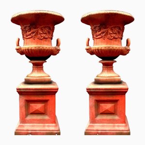 Georgian Terracotta Garden Vase on Pedestal, Set of 2