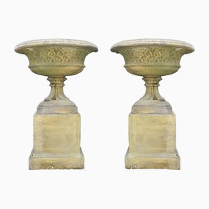 Celtic Gothic Terracotta Garden Urns Pedestal, Set of 2