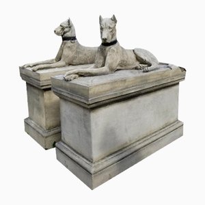 Giant Stone Kingsdale Great Dane Dogs Garden Statues on Plinth, Set of 2