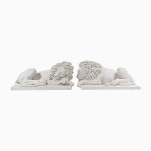 Estatuas de guardianes de leones italianos de piedra blanca, años 80. Juego de 2
