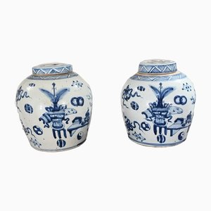 Frascos chinos de porcelana azul blanca con tapa. Juego de 2