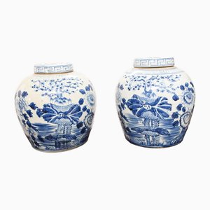 Chinese Blue and White Porcelain Urns Nanking Temple, Set of 2