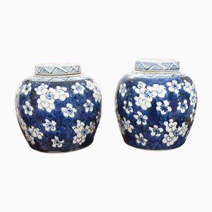 Jarrones Nanking de urnas chinas de porcelana azul y blanca. Juego de 2