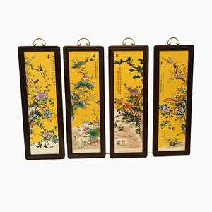 Chinese Porcelain Plaques Famille Jaune Painted Screen Hangings, Set of 4