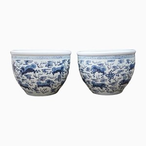 Chinesische Übertöpfe aus Porzellan in Blau & Weiß, 2er Set