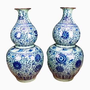 Double Gourde Ming en Porcelaine Bleue et Blanche, Set de 2