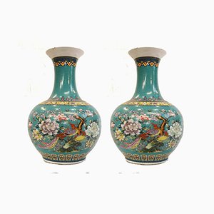 Jarrones Qianlong Shangping chinos de porcelana. Juego de 2