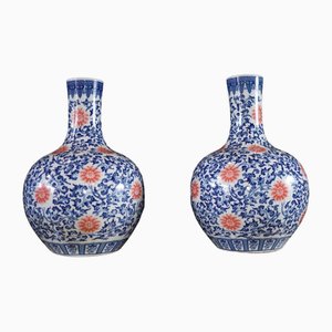 Chinese Ming Porcelain Floral Bulbous Vases, Set of 2