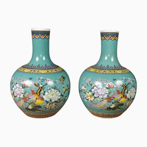 Chinese Qianlong Shangping Porcelain Vases with Bird of Paradise Decor, Set of 2