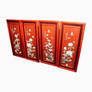 Chinese Hardwood Soapstone Panels Placques, Set of 4