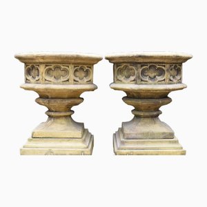 Gothic Stone Garden Urns in Octagonal Shape on Pedestal Base, Set of 2