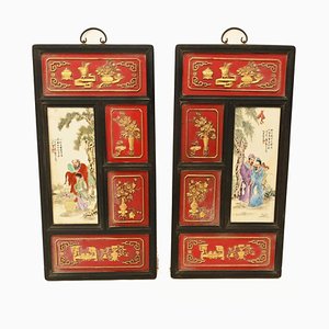 Chinesische Qianlong Porzellan-Plaketten mit Hartholz-Bildschirmen, 2er Set