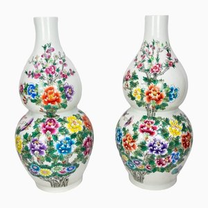 Chinese Floral Porcelain Double Gourd Vases, Set of 2