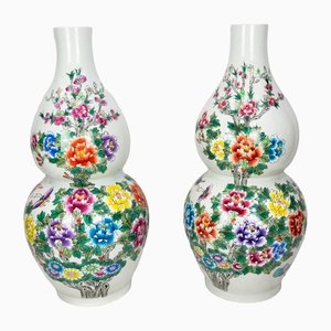 Chinesische Florale Doppel Porzellan Vasen, 2er Set
