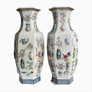 Jarrones de cerámica y porcelana Qianlong chinos, China. Juego de 2