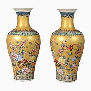 Chinese Yellow Porcelain Bird Vases Bird, Set of 2