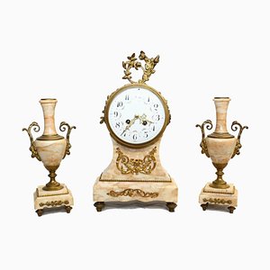 French Mantle Clock & Garnitures in Marble, 1880s, Set of 3