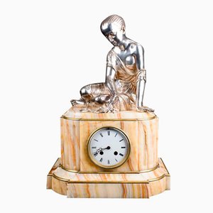 Empire Mantel Carriage Clock Onyx and Silver Plate Female Figurine, 1920s