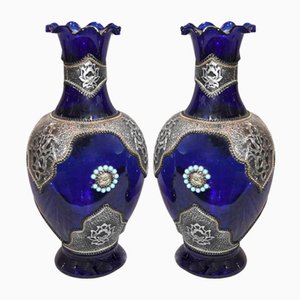Austrian Cobalt Glass Vases with Silver Plate Mounts from Loetz, 1985, Set of 2