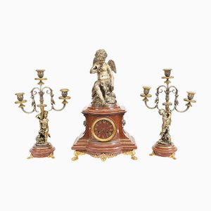 Empire French Clock Set with Garniture Cherub Gilt Candelabras, Set of 3