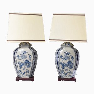 Chinesische Tischlampen aus blauem und weißem Porzellan, 2er Set