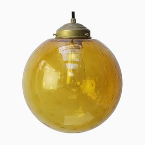 Vintage Dutch Globe Pendant Lamps in Amber Bubble Glass and Brass