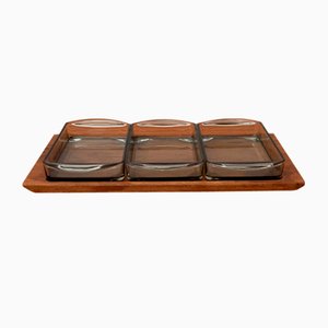 Mid-Century Danish Tray in Teak with Cabaret Glass Trays from Holmegaard, 1960s, Set of 4