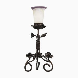 French Art Nouveau Wrought Iron & Pâte De Verre Glass Table Lamp with Roses, 1930s