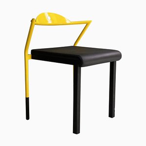 Chaise Space Age en Cuir Noir et Métal Jaune, Italie, 1970s