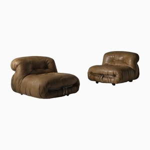 Sillones Soriana italianos de cuero coñac de Afra & Tobia Scarpa para Cassina, años 60. Juego de 2