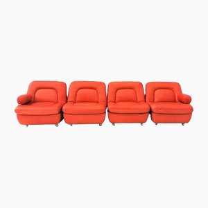 Mid-Century Modular Sofa in Orange Leather from Dreipunkt, 1970s, Set of 4
