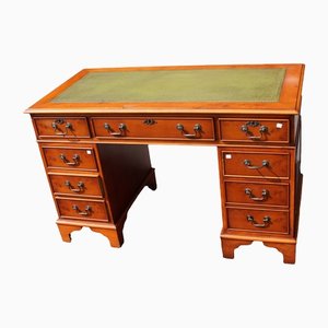 Yew Wood Pedestal Desk with Green Leather, 1960s