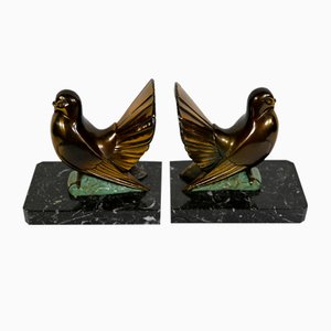 Art Deco White Peacock Bookends in Golden Metal, 1940s, Set of 2