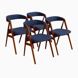Dänische Mid-Century Esszimmerstühle aus Teak & Blauer Wolle von Th. Harlev für Farstrup Furniture, 1950er, 4er Set