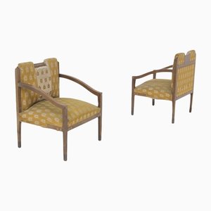 Vintage Wooden Fabric and Brass Armchairs, 1950s, Set of 2