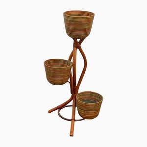 Polychrome Wicker and Bamboo Vase Holder Tripods, 1970s