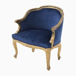 Poltrona vintage in velluto blu e legno dorato, fine XIX secolo