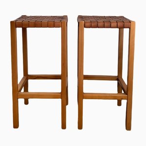 Mid-Century High Stools in Wood and Leather, Set of 2