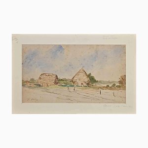 Edouard Dufeu, Landscape, Original China Ink & Watercolor, Late 19th Century