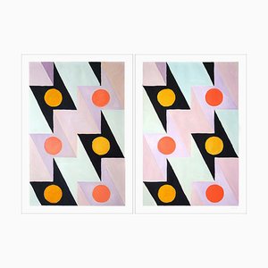 Natalia Roman, Lightning Bolt Tiles in Coral, Green & Black, 2022, Acrylic on Watercolor Paper