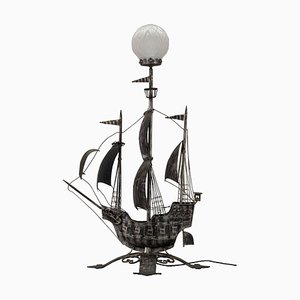 Spanische Stehlampe aus Gusseisen & Glas in Galleon-Optik, 1950er