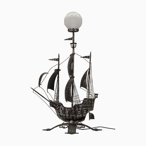 Spanish Wrought Iron and Glass Galleon Sailing Ship Shaped Floor Lamp, 1950s