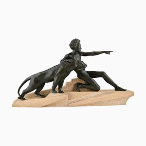 Art Deco Sculpture of Young Man with Panther in Metal & Stone by Max Le Verrier, 1930s