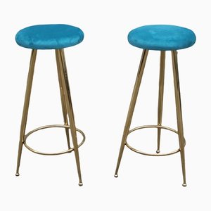 Set aus Blauem Messing & Samt Hockern, Italien, 1950er